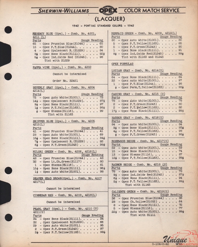 1942 Pontiac Paint Charts Williams 3